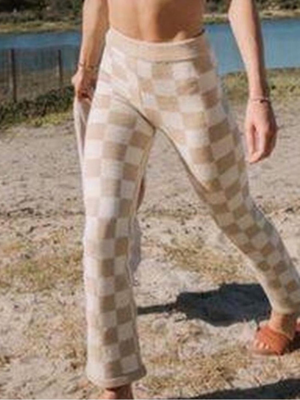 Belle the Label High-Waist Checker Knit Flare Pants - Cream & Tan